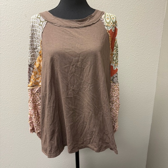 Easel Boho Patchwork Top L Brown Floral Sleeve Mixed Print Casual Chic - Picture 2 of 10